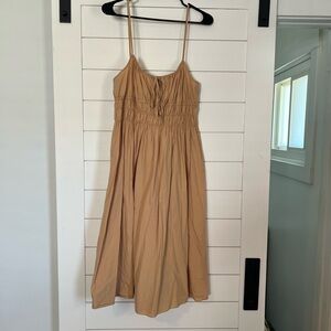 Sophie Rue Camel Smocked Spaghetti-Strap Midi Dress